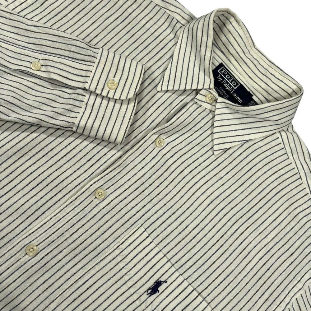 Vintage Polo Ralph Lauren Crane Shirt Mens M White Navy Stripe Linen Blend Pony